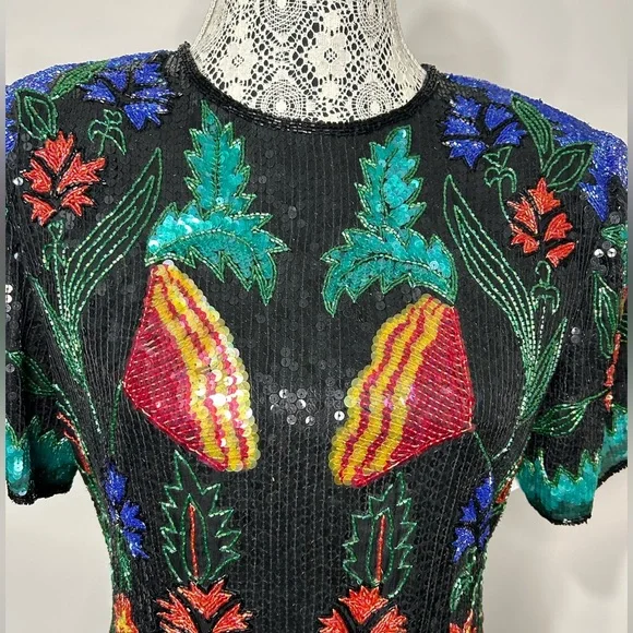 Vintage 80’s silk sequins fully beaded floral design knee length formal dress - Picture 6 of 16